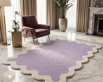 Lavender Scalloped Hand Tufted Wool Area Rug, Purple Wavy Modern Curvy Carpet, Custom Handmade Living Room Rug.