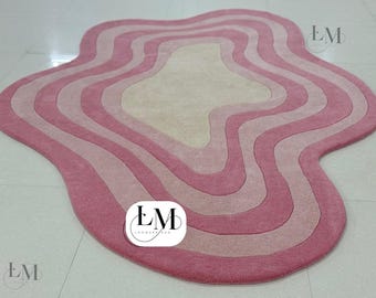 Hand Tufted Wool Area Rug, Modern Abstract Wavy Irregular Carpet for Living Room.