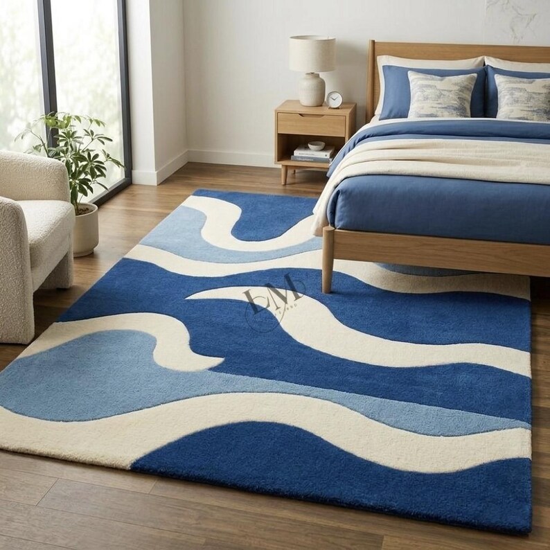 Ocean Wave Rug Blue, Hand Tufted Wool Carpet, Modern Abstract Designer ...