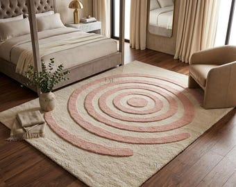 Alfombra de lana con mechones hechos a mano Blush Orbit: alfombra abstracta moderna hecha a mano para sala de estar.