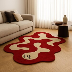 Crimson Flow Organic Shape Hand-Tufted Wool Rug in Red and Soft Ivory For Living room ,Bedroom Size 5x8 ,8x10