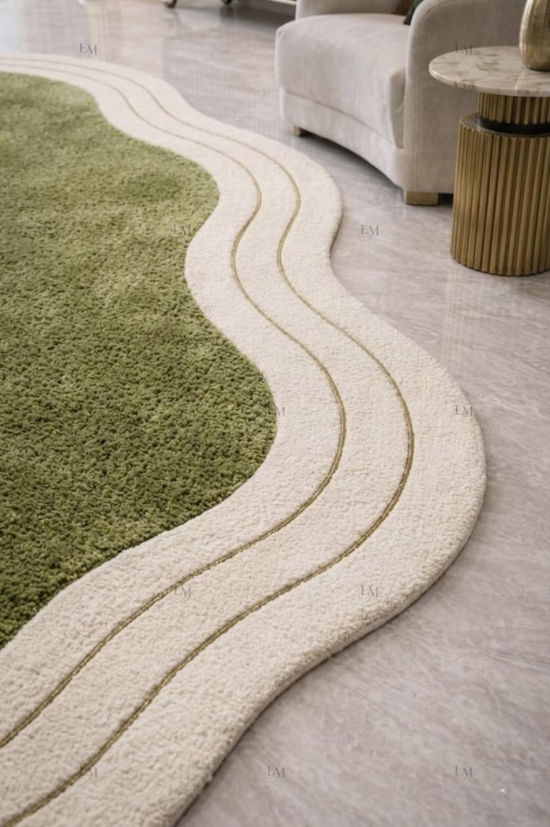 Patterned Green Rug Abstract Design Green Abstract Hand Tufted Organic Shape Area Rug-modern Handmade Wool ...