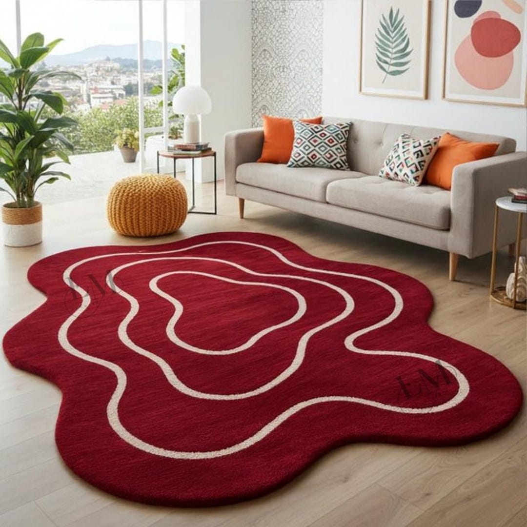 Red Wavy Rug Crimson Wave Hand-tufted Wool Rug |modern Red Abstract Custom Area Rug ...