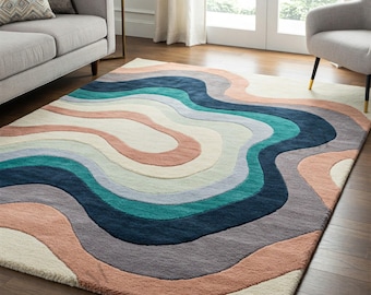 Hand Tufted Wool Rug, Ocean Wave Abstract Modern Curved Area Blue Beige Contemporary Carpet, Custom Living Room Rug