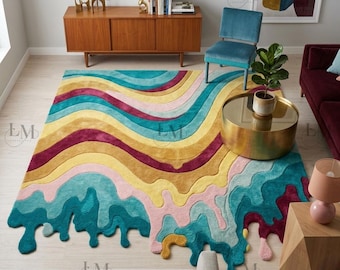 Hand Tufted Wool Rug, Abstract Melting Area Handmade Modern Drip Design Carpet, Custom Living Room Rug