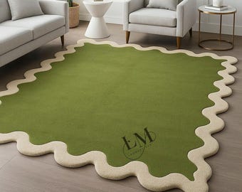 Hand Tufted Wool Rug-Modern Olive Green Wave Area Carpet, Scalloped Border Living Room Decor.