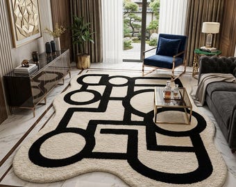 Modern Abstract Geometric Hand Tufted Wool Rug – Ivory & Black Organic Shape Luxury Carpet.