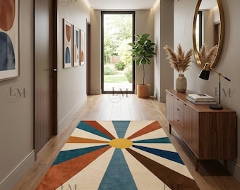 Retro Sunburst Hand Tufted Wool Rug, Modern Geometric Area Rug, Colorful Living Room Carpet.