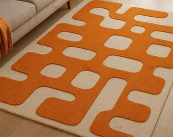 Hand-Tufted Wool Rug- 6x8 Modern Abstract Geo wave Sunset Orange & Ivory for Living room.