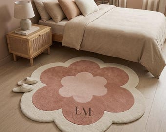 Alfombra de lana tejida a mano: Alfombra floral personalizada hecha a mano de 5x5 pies en color rosa rubor para la decoración del hogar.