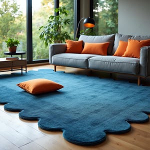 Scalloped Turquoise Blue Color Wool Rug – Hand-Tufted Area Rug for Living Room, Bedroom, Kitchen – 5x8, 6x9, 8x10, Custom Sizes Available