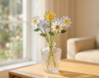 Glazen madeliefje bloemsteel decor, Liuli madeliefje boeketornament voor thuis, bureau, vaas, bloemenliefhebber cadeau