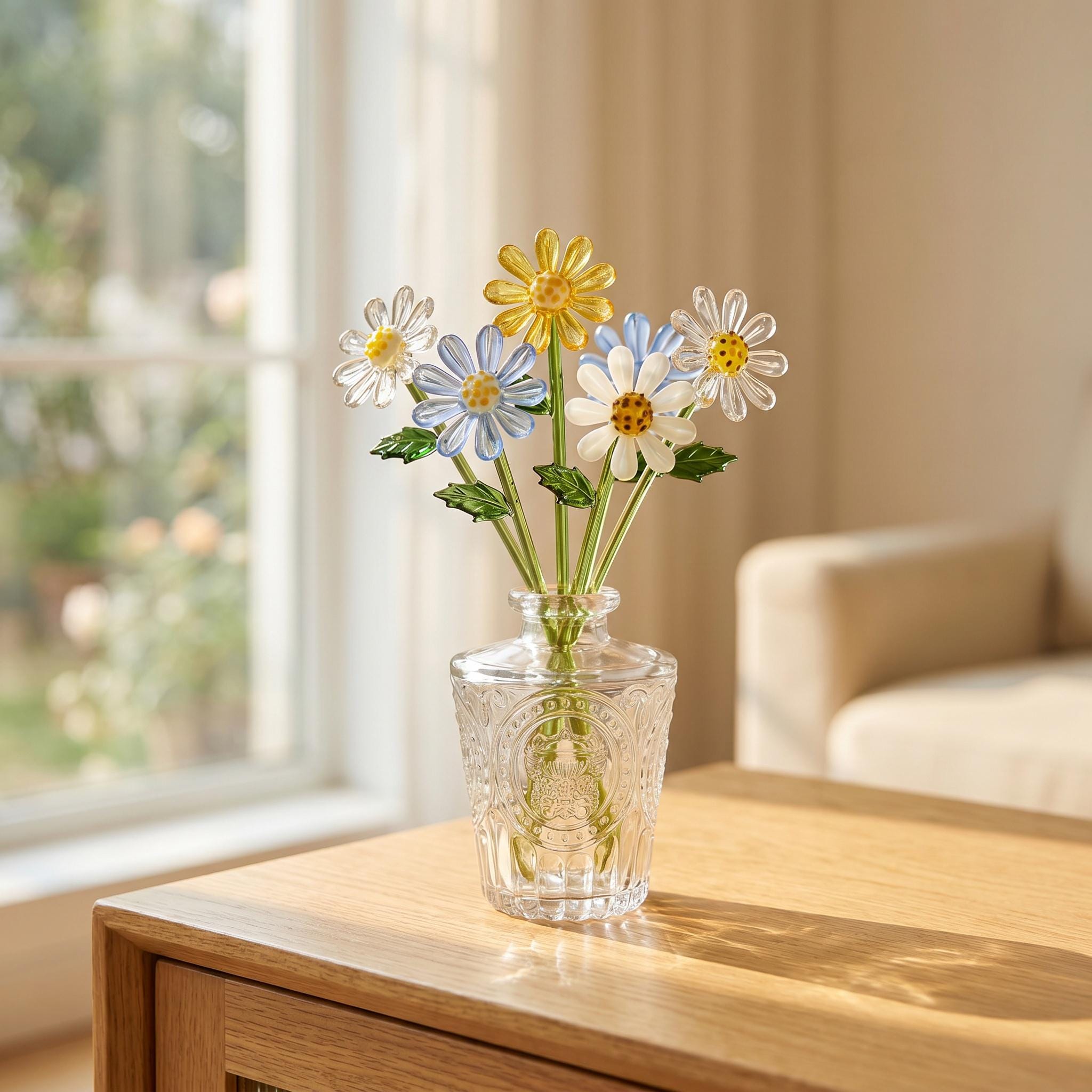 Glass Daisy Flower Stem Decor, Liuli Daisy Bouquet Ornament for Home, Desk, Vase Display, Flower Lover Gift