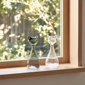 Könnte beinhalten: Zwei katzenförmige Wetter-Sturmgläser aus Glas mit konischen Sockeln. Eines hat einen Kopf aus dunkelgrün getöntem Glas, das andere ist klar. Beide haben goldfarbene Metallakzente an Hals und Ohren und enthalten Flüssigkeit sowie weiße Kristalle.