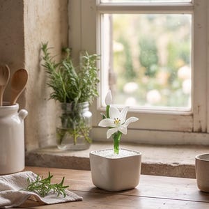 Peut inclure: Une sculpture de fleur de lys en verre blanc avec des tiges vertes et des étamines jaunes, plantée dans un contenant en céramique blanche carrée rempli de petits cailloux blancs. La fleur présente des pétales délicats et un bouton fermé.