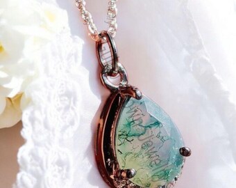 Sterling Silver Moss Agate Teardrop Necklace: Green Gemstone Jewelry