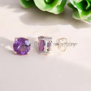 Amethyst Stud Earrings 925 Sterling Silver • February Birthstone Jewelry • Round Cut Purple Gemstone Stud • Handmade Minimalist Gift for Her