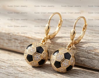 14k Gold Football CZ Diamond Dangle Earrings 925 Sterling Silver Soccer Jewelry For Birthday, Winners, Sports Lover