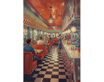 May include: Vintage diner scene with red booths, a black and white checkered floor, and a long counter. Patrons sit at tables and the counter, served by staff in the retro setting. The ceiling is a warm red, and the overall aesthetic is classic.