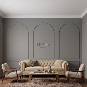 May include: A beige tufted sofa with two matching armchairs and a rectangular coffee table. The wall features three arched mouldings with the text MDFora DESIGN centred. A patterned rug sits beneath the furniture in a grey room.