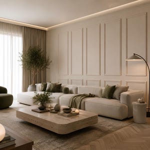 Puede incluir: Un sofá seccional beige de perfil bajo con cojines de color verde oliva y una manta drapeada, situado frente a una pared con molduras rectangulares. Una mesa de centro rectangular de travertino se asienta sobre una alfombra texturizada.