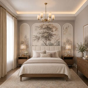 May include: A bedroom featuring a wooden bed frame with a beige upholstered headboard, flanked by two wooden nightstands with glass lamps. A large chandelier hangs above, and the wall displays three arched panels with a tree mural in neutral tones.