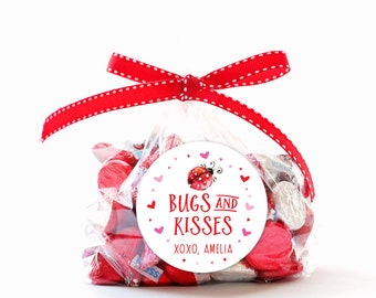 Bugs Kisses Valentine Stickers, Valentine Gift Stickers, Bugs Kisses Stickers, Valentine Round Favor Labels, Lauren Haddox Designs