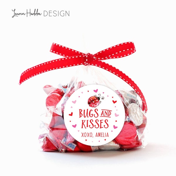 Bugs Kisses Valentine Stickers, Valentine Gift Stickers, Bugs Kisses Stickers, Valentine Round Favor Labels, Lauren Haddox Designs