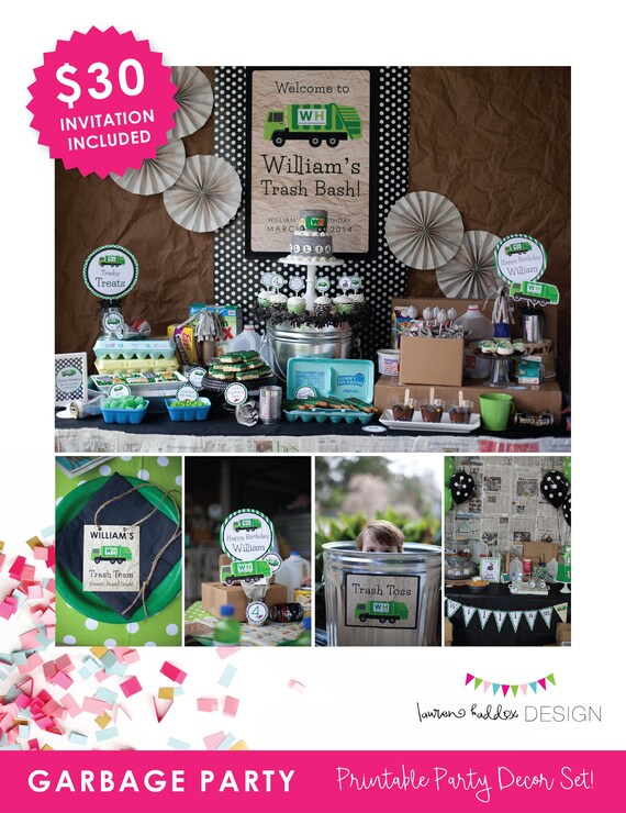 Garbage Birthday Invitation, Garbage Truck Party, Garbage Birthday, Garbage Printables, Garbage Birthday Decorations, Lauren Haddox Designs Il_570xn
