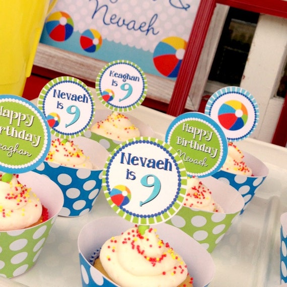 Diy Printable Beach Ball Cupcake Toppers Etsy