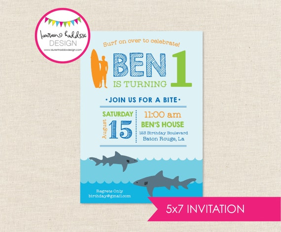 Summer Shark Birthday, Shark Birthday Invitation, Summer Printables, Shark Surfer Birthday Decorations, Lauren Haddox Designs Il_570xn