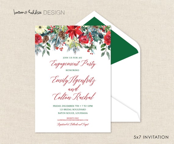 Christmas Engagement Invitation, Christmas Bridal Shower, Watercolor Invitation, Christmas Wedding Design, Lauren Haddox Design Il_570xn