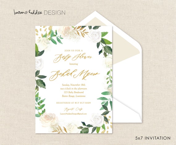 White Gold Baby Shower Invitation, White Watercolor Invitation, Watercolor Flowers, Baby Shower Invitation, Bridal Shower Invitation Il_570xn