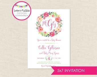 Monogram Baby Shower, Watercolor Baby Shower Invitation, Baby Girl Baby Shower, Baby Shower Invitation, Lauren Haddox Designs