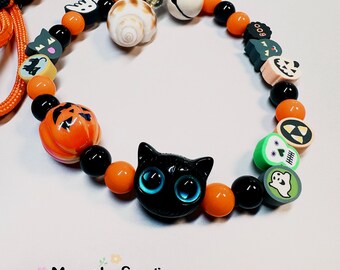 Halloween Beaded Bag Charm: Black Cat, Pumpkin & Ghost Keychain