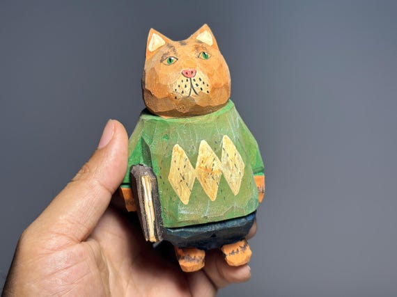 Folk Art Wooden Cat Figurine • Hand Painted Wood Sculpture • Collectible Cat Statue • Father's Day Gift for Him, Bookshelf Decor