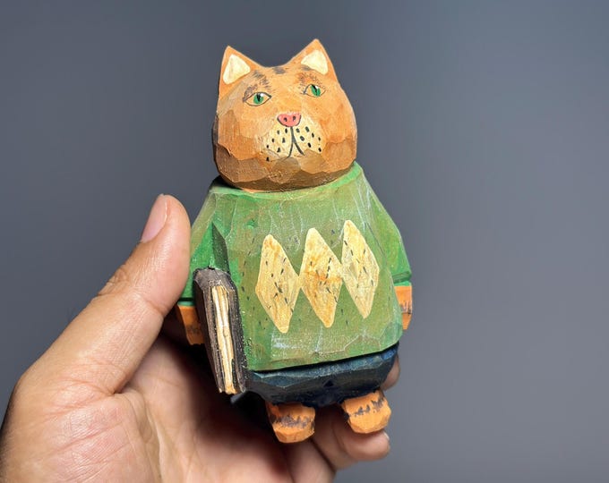 Folk Art Wooden Cat Figurine • Hand Painted Wood Sculpture • Collectible Cat Statue • Handmade Mother's Day Gifts for Her, Bookshelf Decor