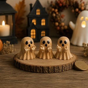 Op de afbeelding: Drie kleine, lichtbruine houten spookbeeldjes met uitgesneden gelaatstrekken en opgeheven armen. Elk spookje heeft zwart geschilderde ogen en een open mond. De figuren staan op een rij op een ronde houten schijf, met een gouden munt ernaast.