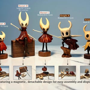 Sculpture en bois de noyer inspirée de Hollow Knight • Figurine amovible magnétique • Cadeau de marchandise fabriqué par un éventail • Décoration de bureau pour joueur image 3