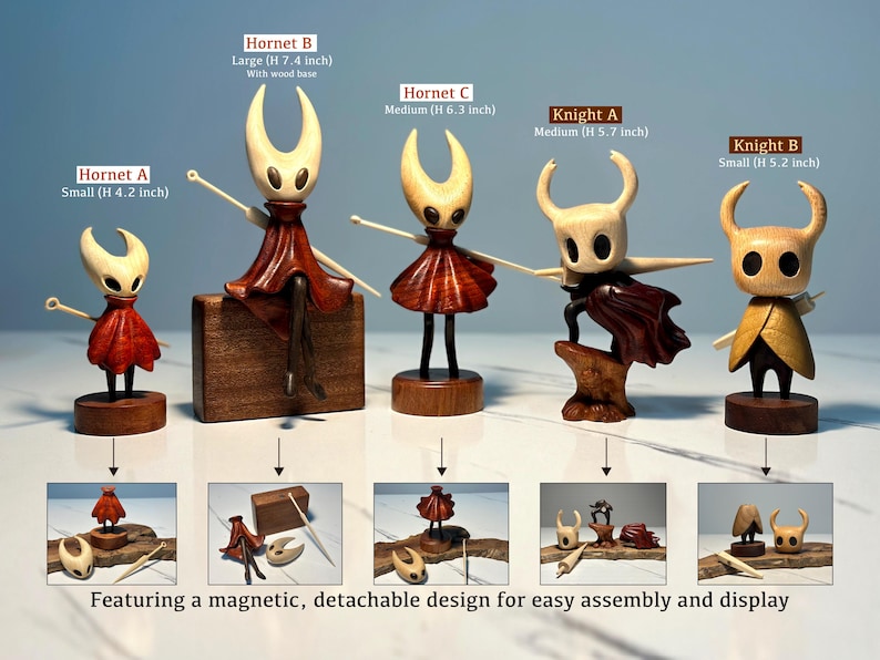 Sculpture en bois de noyer inspirée de Hollow Knight • Figurine amovible magnétique • Cadeau de marchandise fabriqué par un éventail • Décoration de bureau pour joueur image 3