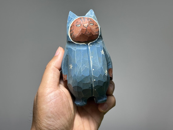 Folk Art Wooden Cat • Hand Painted Wood Carving • Collectible Cat Figurine • Whittled Cat Decor • Teacher Appreciation Gift