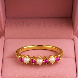Gold Pearl and Ruby Ring  Dainty Minimalist Band  Vintage Inspired Stackable Jewelry  Elegant Gift for Women  Stunning Anniversary Present