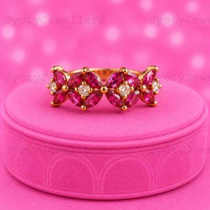Ruby Floral Cluster Ring, Marquise Ruby Wedding Band, Vintage Anniversary Ring, Stackable Promise Ring, July Birthstone Gift for Her