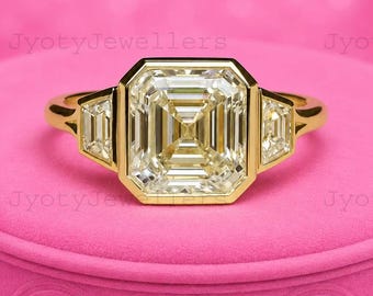 18K Yellow Gold Emerald Cut Moissanite Engagement Ring, Baguette Side Stone Three Stone Bridal Anniversary Gift for Her