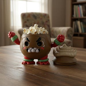 Op de afbeelding: Een bruine popcornkom in de vorm van een stripfiguur met rode en groene accenten. De kom is gevuld met popcorn en heeft een bijpassend deksel. Het personage heeft een boze uitdrukking met witte tanden en rode wangen.