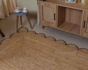 Scalloped Jute Rug, Emerald Green Scallop Rug, Natural Jute Rug, Jute Area Rug, Custom Size Rug, Jute Runner Rug Boho Jute Rug,