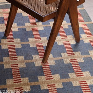 Hand Woven Wool Kilim Flatweave Rug Light Blue & Beige Checkered Grid Design Modern Boho Scandinavian Luxury Wool Carpet Rug Kilim jute rug