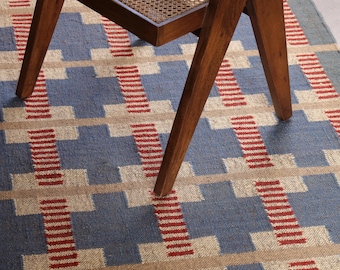 Alfombra Kilim de lana tejida a mano con diseño de cuadrícula a cuadros en azul claro y beige, moderna alfombra bohemia escandinava de lujo de lana, alfombra Kilim de yute