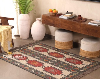 Alfombra Kilim de yute y lana vintage, tejida a mano, hecha a mano, Kilim Dhurrie, alfombra tradicional india de yute (tamaño personalizado)