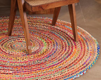 Ronde chindi-tapijten - handgeweven kleurrijke katoenen boho chindi-tapijt, veelkleurige decortapijten, katoenen karpetten, rond jute tapijt.
